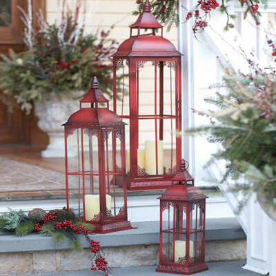 Classic Aged Look Red Metal Lantern Set of 3 20in 28in and 37in Tall