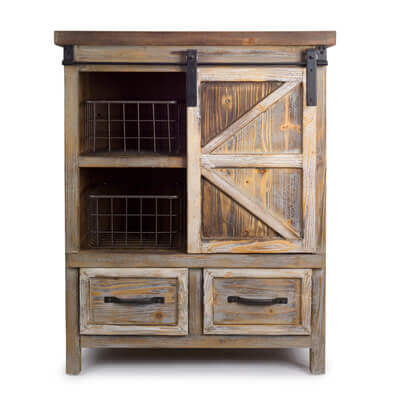 Rustic Wood Barn Door Cabinet with Wire Baskets and Drawers
