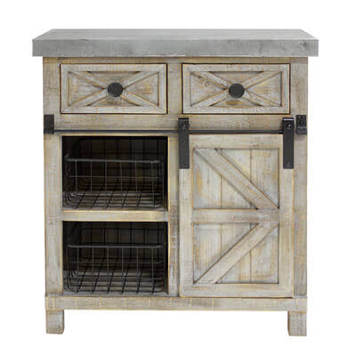 Rustic Grey Wood Barn Door Cabinet with Wire Baskets and Drawers
