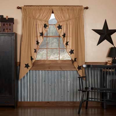 Burlap w/Black Stencil Stars Prairie Curtain Set of 2 63x36x18