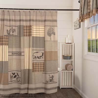 Sawyer Mill Charcoal Stenciled Patchwork Shower Curtain 72x72