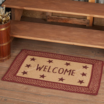 Burgundy Red Primitive Jute Rug Rect Stencil Stars Welcome w/ Pad 20x30